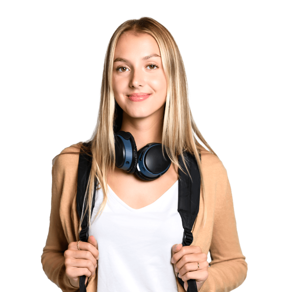 Person with blonde hair and headphones, wearing a tan cardigan and backpack.