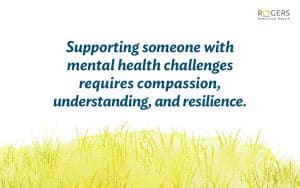  The background consists of a textured pattern resembling green grass or foliage at the bottom, which gradually fades into a white backdrop. Centered in the image is a text in a dark blue font that says, "Supporting someone with mental health challenges requires compassion, understanding, and resilience."