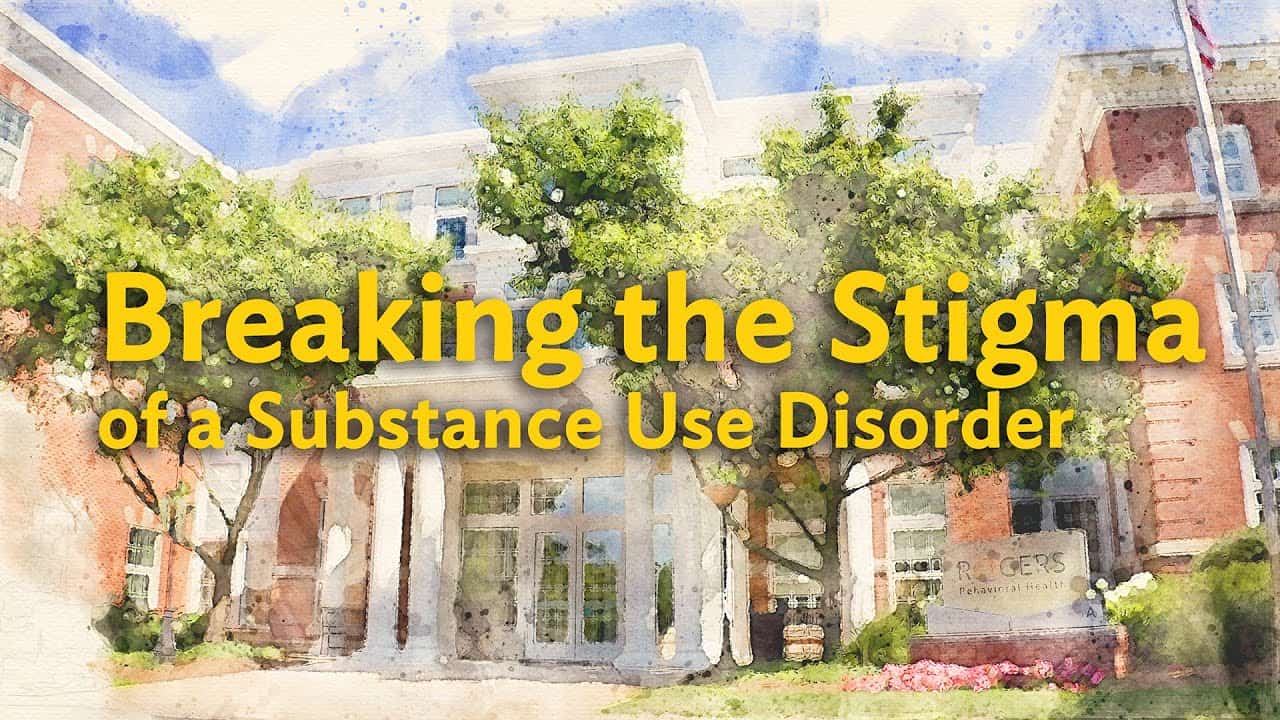 A watercolor-style image of a building with trees and the text "Breaking the Stigma of a Substance Use Disorder."