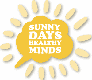 A sunburst design with a central yellow brain shape containing text that reads "Sunny Days, Healthy Minds", surrounded by light yellow rays.