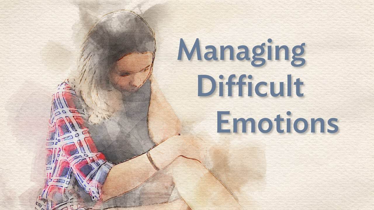 Watercolor-style illustration of a person sitting with their head on their knees, next to the text "Managing Difficult Emotions."