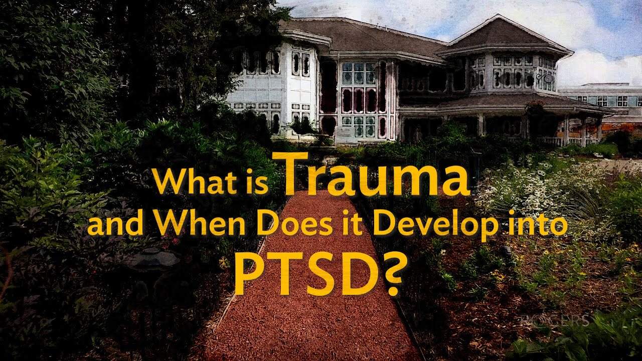 A historic-style building surrounded by greenery with a path leading to it. Overlaid is yellow text reading "What is Trauma and When Does it Develop into PTSD?"