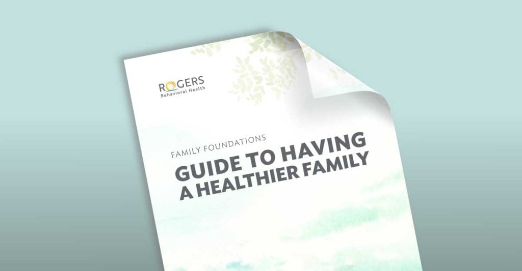 Brochure titled "Guide to Having a Healthier Family" by Rogers Behavioral Health on a blue background.