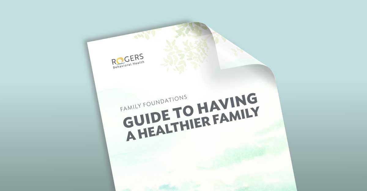 Brochure titled "Guide to Having a Healthier Family" by Rogers Behavioral Health on a blue background.