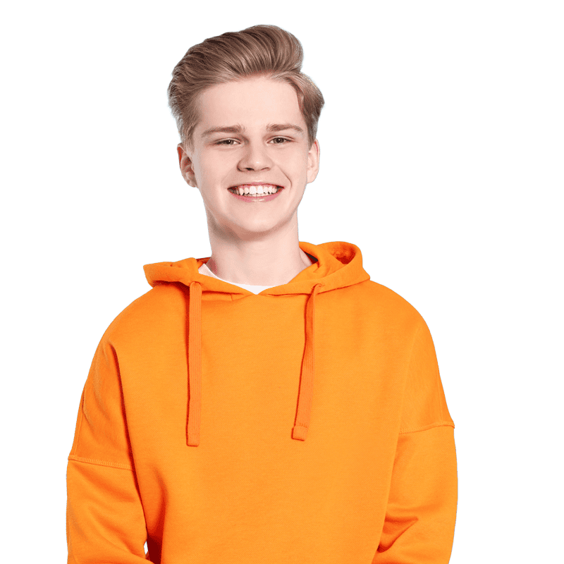 A smiling young person in an orange hoodie