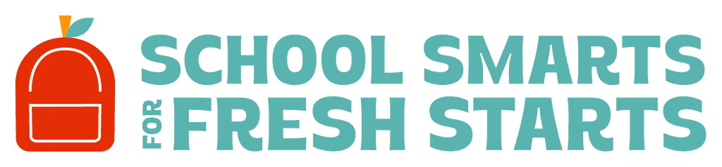 The image features a logo with a stylized red-orange backpack graphic on the left. The backpack has a simple design with a small top handle, a front pocket, and an orange zipper. Above the backpack is a small, orange trapezoidal shape resembling a zipper or tag, with a green leaf shape next to it. To the right of the backpack graphic, bold teal text reads "SCHOOL SMARTS FOR FRESH STARTS."