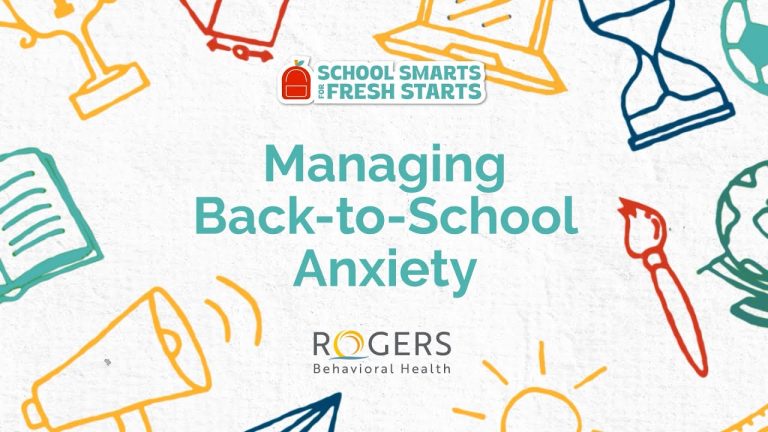 An illustrated background with school-related icons and text reading "Managing Back-to-School Anxiety"