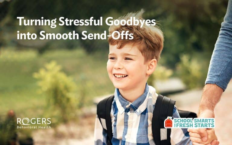 The image shows a young boy with light brown hair, wearing a blue checkered shirt and a black backpack, smiling as he holds hands with an adult whose arm is only partially visible on the right side. They appear to be walking outdoors, with a blurred green background suggesting a garden or park setting. The text overlay at the top left says: Turning Stressful Goodbyes into Smooth Send-Offs